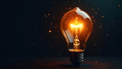 Close-up shot of a glowing incandescent lightbulb, filament brightly lit against a dark background, sparks visibly present, signifying a brilliant new idea , creativity, bright idea