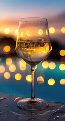 A close-up of a wine glass filled with white wine, reflecting bokeh lights by a pool at sunset