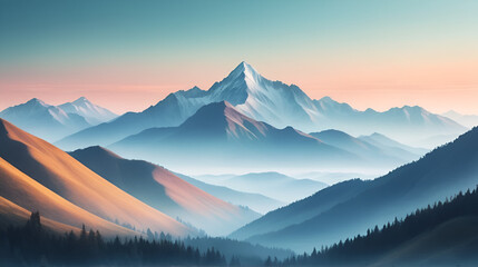 Misty mountain landscape with soft color gradients.