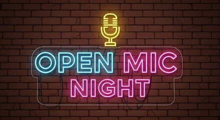 Open Mic Night neon sign with microphone icon on brick wall
