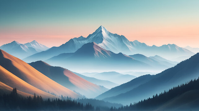 Misty mountain landscape with soft color gradients.