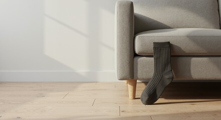 A single grey sock hanging off a modern armchair. Untidy domestic scene in a minimalist home interior. Copy space.