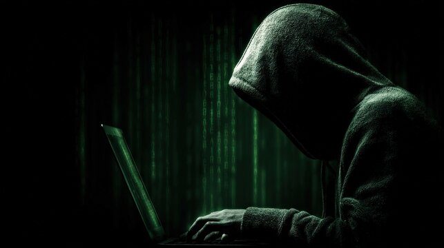 Shadowy Hacker: A hooded figure, bathed in an ominous green glow, in complex digital work. The anonymous person, their face obscured in shadow, navigates an intricate interface. Generative Ai