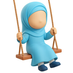 Cute Cartoon Girl Wearing Blue Hijab Sitting on Swing in Play Area
