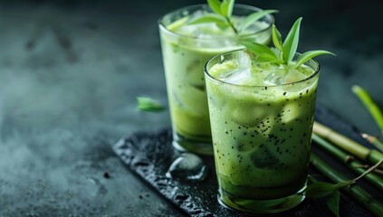 Refreshing green beverages served in glasses with ice and garnished with leaves on a dark surface