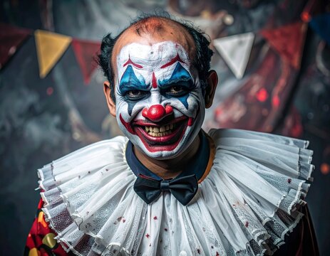 A close-up portrait of a creepy clown with a sinister smile and blood splatters on his costume.