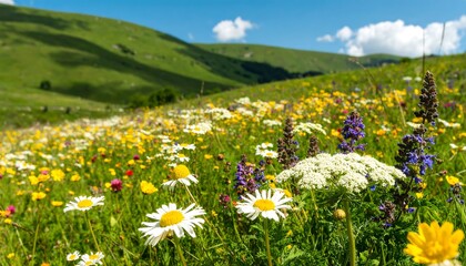 Fototapeta premium Colorful wildflowers in a grassy mountain meadow