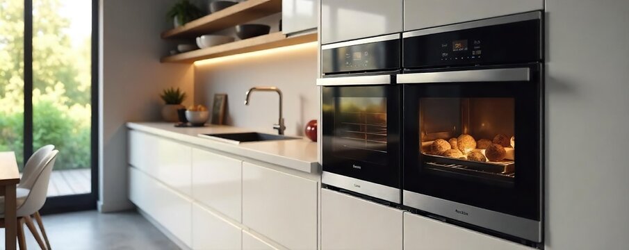 Sleek built-in oven seamlessly integrated into a modern kitchen countertop, offering a clean and stylish cooking space , granite, style