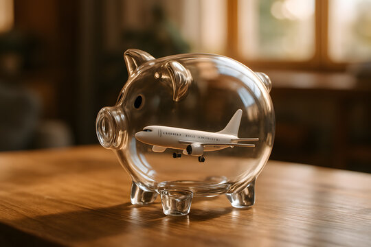 Clear piggy bank with airplane model inside, representing travel savings, financial planning, and smart investment for future holidays and adventures.