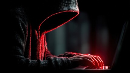 Cyber Intruder: A shadowy figure, concealed within a hooded sweatshirt, intensely types on a laptop bathed in an ominous red glow. Generative Ai