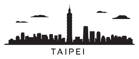 Naklejka premium Taipei skyline silhouette. Landscape Taipei. Vector illustration. Vector black silhouette. with white background
