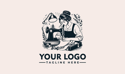 A vintage illustration of a woman sewing at a table with a classic sewing machine.