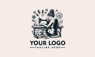 A woman meticulously sews at a vintage sewing machine, surrounded by tools.