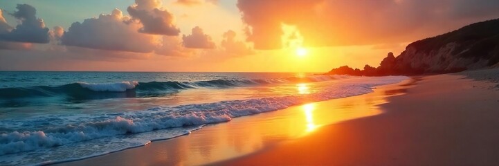 Serene sunrise over the Atlantic Ocean, reflecting golden light on calm waves and sandy shore Perfect for travel, coastal, or nature themes , travel, nature, holiday