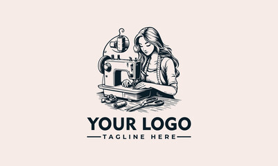 A vintage illustration depicts a woman sewing at a classic sewing machine.