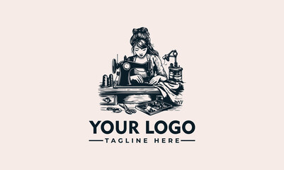 A vintage illustration of a woman focused on operating a sewing machine, crafting.