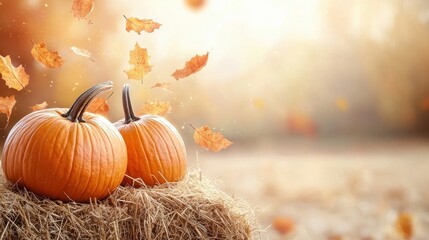 Two pumpkins sit on a haystack, surrounded by falling autumn leaves, capturing the essence of fall in a warm, golden light.