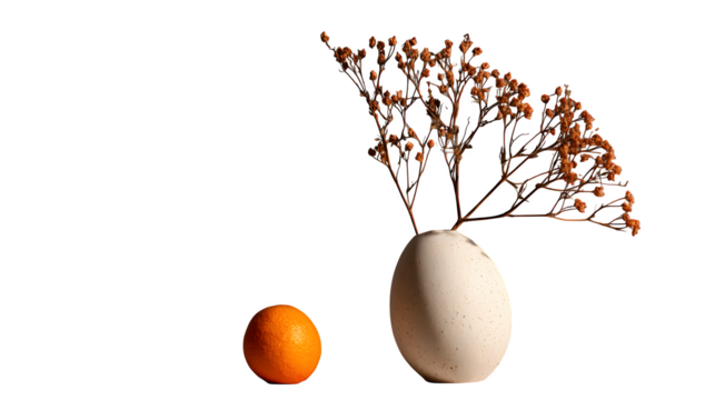 Clementine and Dried Flowers Still Life, isolated on transparent background