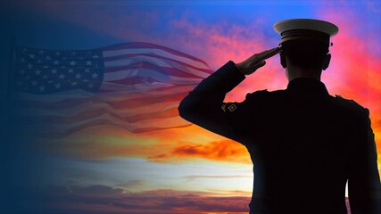 Soldier standing and gazing at sky with US flag overlay, patriotic military concept - Powered by Adobe