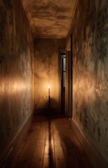 Obraz premium Candle illuminating dark hallway with floral wallpaper