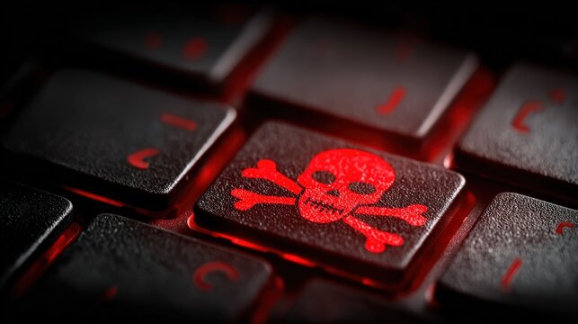 Cyber Threat: A close-up shot of a computer keyboard with a key featuring a skull and crossbones symbol, illuminated in menacing red light, symbolizing danger. Generative Ai