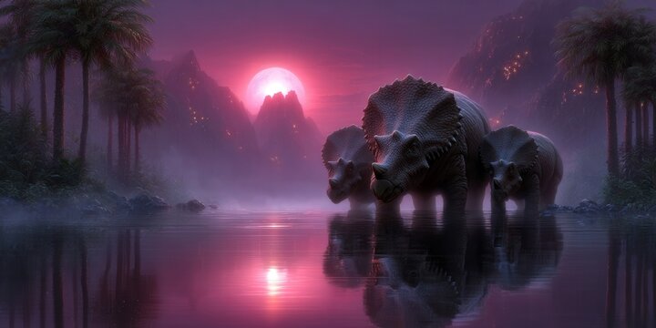 Majestic triceratops gather at the water's edge under a vibrant pink sunset, a beautiful sight.