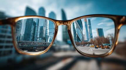 Cityscape Through Spectacles: A captivating view of a modern cityscape is framed by the lenses of spectacles, merging urban architecture with the personal perspective of the viewer.Generative Ai
