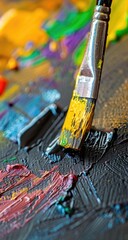 Fototapeta premium Close-up of a paintbrush mixing vibrant colors on a textured canvas, showcasing artistic creativity