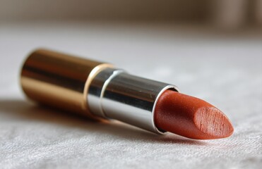 Brown lipstick resting on white cloth shows elegance and beauty