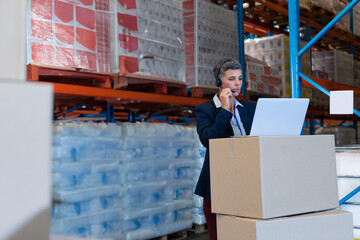 Senior woman standing at warehouse box desk checking inventory on laptop with headset, copy space