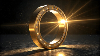 Golden metallic ring with internal spheres illuminated by bright spotlight and bokeh full hd 4k stock image download