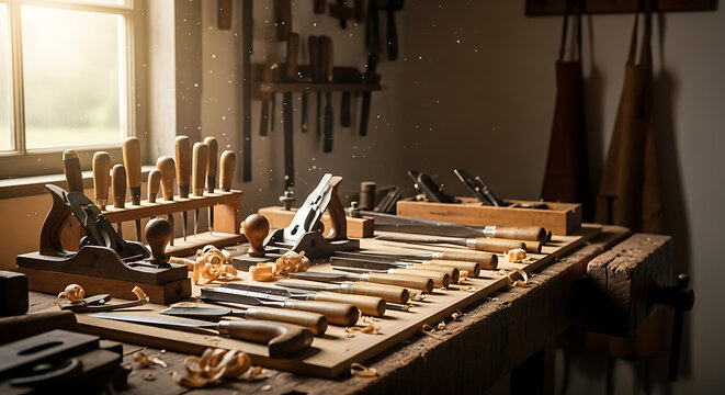 Carpentry workbench with hand tools - Powered by Adobe