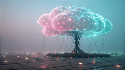 Glowing digital cloud tree with neon lights and wires on a dark grid surface full hd 4k stock image download