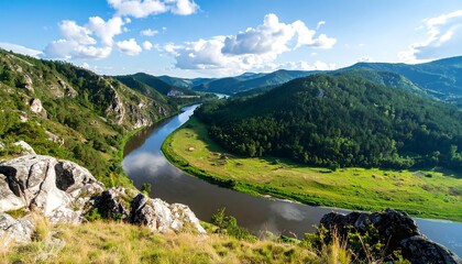 High-angle view of a winding river flowing through a valley nestled between lush green hills and rocky outcrops.  Vast landscape under a partly cloudy sky