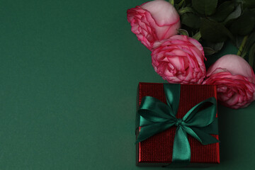 Pink rose with gift on green background
