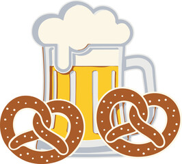 Vector illustration of a frothy beer mug with two pretzels, traditional Oktoberfest food and drink, perfect for festival posters, party invitations, bar menus, and design elements celebrating Bavarian