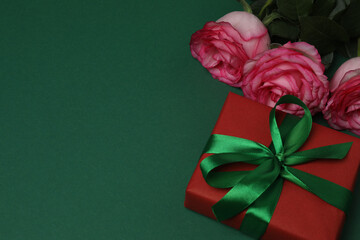 Pink rose with gift on green background
