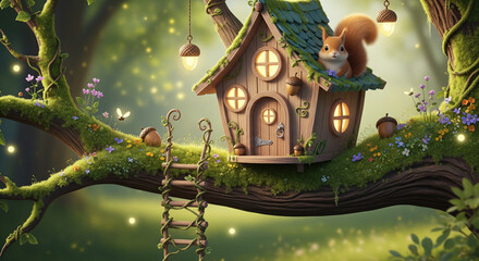 Fototapeta premium Squirrel Treehouse — Cute Animal Home Hanging on a Tree
