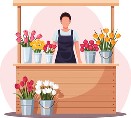 Florist at a Wooden Flower Stall with Colorful Tulips.