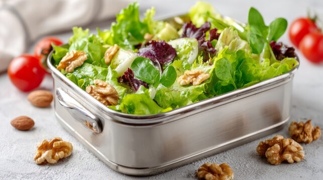 A salad with walnuts and tomatoes is served in a silver container - Powered by Adobe