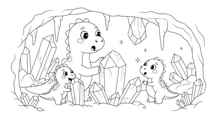 Obraz premium Delightful Dinosaurs Discovering Sparkling Crystals in a Mysterious Cave Illustration