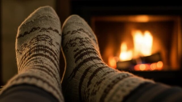 Feet in socks relaxing by fireplace