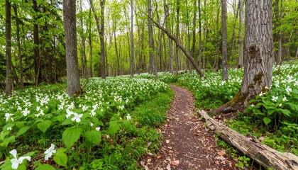 Lush woodland path blanketed in white flowers