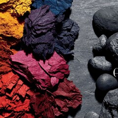 Colorful pigments clustered on dark stone