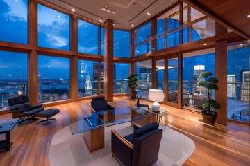 Plakat Modern office overlooking New York City at night