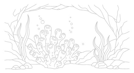 Undersea coral reef scene with seaweed and rocks, a vector line drawing for kids