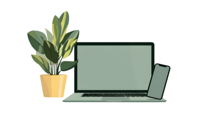 Modern workspace with laptop and plant, isolated on transparent background