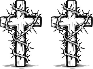 Silhouette Vector, Thorny Plant Wrapped Around Cross Vector Illustration – Religious Symbol of Faith, Sacrifice, Passion of Christ and Easter Design