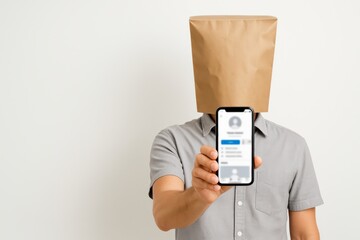 Anonymous man holding smartphone with fake social media profile