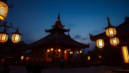 Fototapeta premium Illuminated pagoda and lanterns at twilight hour